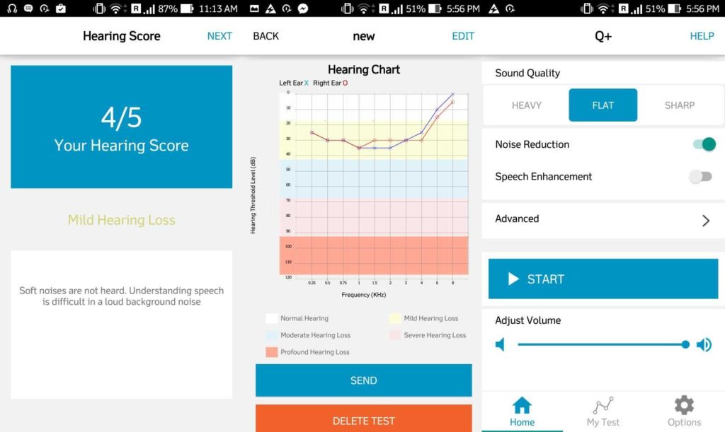 Quadio Q+ hearing test score homescreen screenshots